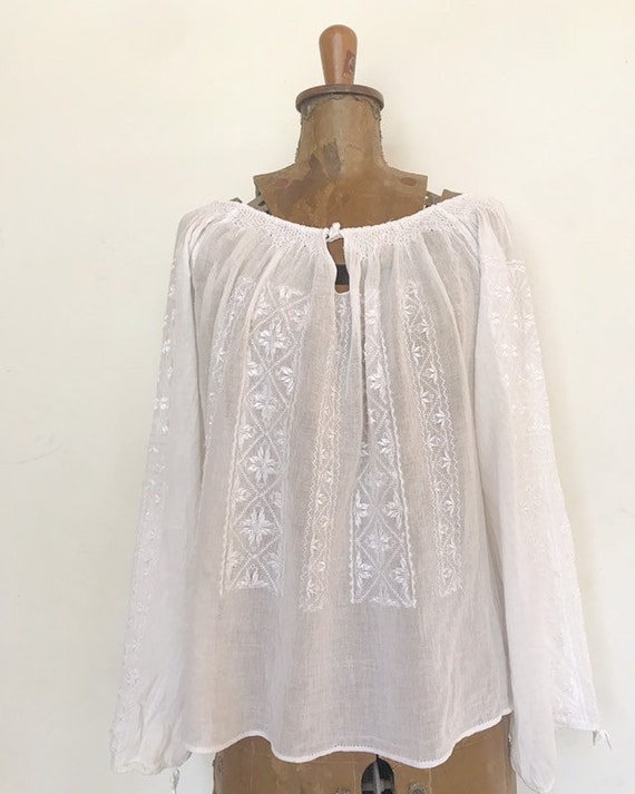 1970s romanian folk embroidered sheer gauze peasan