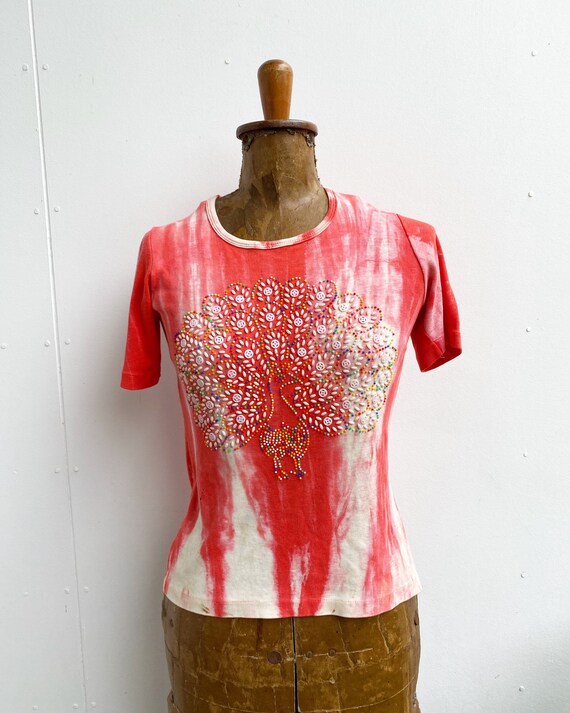 1970s tie dye beaded peacock t shirt