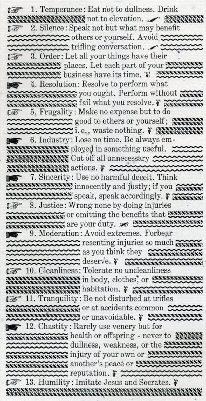 The 13 Virtues Of Ben Franklin 1st Edition Letterpress Print Art Collectibles Prints Keyforrest Lt