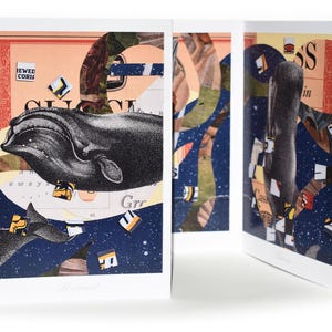 May include: A multi-panel art print featuring a whale illustration, with a dark blue starry background and collage elements. The artwork includes text and geometric shapes, with a vintage aesthetic. The print is displayed open, showcasing the full design.
