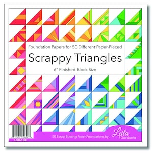 May include: A square paper with a grid of colorful triangles. The triangles are in various colors and patterns. Text on the paper reads "Scrappy Triangles" and "6" Finished Block Size". The paper is designed for paper piecing.