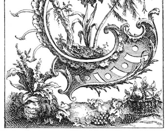 Vintage ink plate french filigree baroque ornament farmhouse harvest montage in classical design