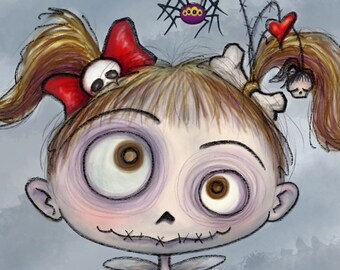 MelizZza zombie girl with dead teddy bear illustration for your Halloween, undead, macabre and day of the dead (dia de los metros) needs.