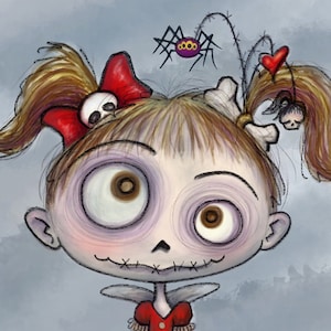 Puede incluir: Ilustración de una niña con rostro y extremidades esqueléticas, vestida con un vestido rojo y sosteniendo un oso de peluche marrón. Su cabello está peinado en coletas con lazos rojos y detalles de calaveras. Una araña cuelga de su cabello.