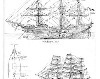 Vintage ink plate french ship boat diagram ocean voyage marine captain sailboat clipart
