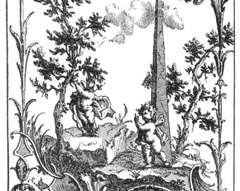 Vintage ink plate french filigree baroque ornament cherub, tree and pyramid montage in classical design