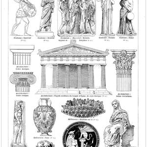 Vintage ink plate Greek icons sculpture relief temple doric iconic corinthian columns figures vase art clipart
