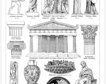 Vintage ink plate Greek icons sculpture relief temple doric iconic corinthian columns figures vase art clipart