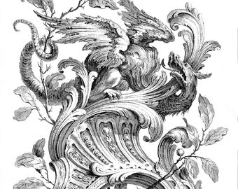 Vintage ink plate french scroll filigree with a dragon art clipart
