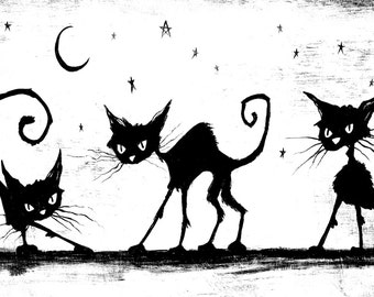 Cat Magic Halloween black spooky witches cats silhouettes dancing by the pale moon on all hallows eve