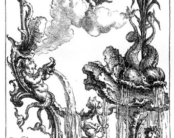 Clipart of Playful Cherubs and dancing birds in a beautiful vintage classical French filigree wildlife setting