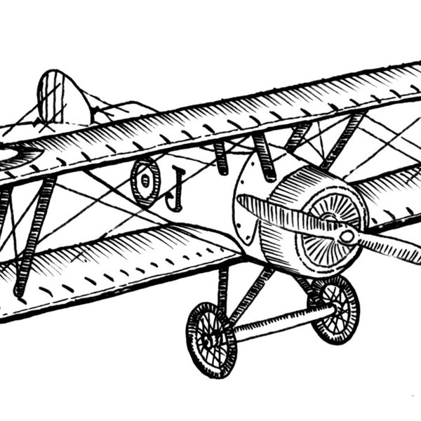 Biplane style vintage airplane ink drawing clipart ready for printing and crafting, perfect for boys rooms and man caves