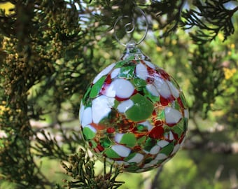 Handmade Glass Ball Ornament,  Christmas Ornament, Red White & Green, Handmade, Stocking Stuffer, Handblown Glass Ornament, Blown Glass