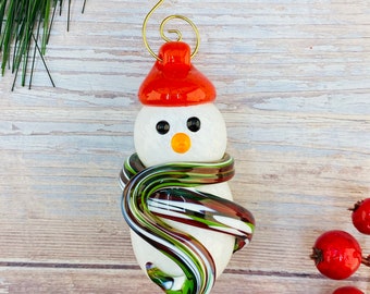 Glass Snowman Ornament, Christmas Ornament, Handmade Ornament, Handblown Glass Ornament, Blown Glass, Decoration, Holiday Ornament