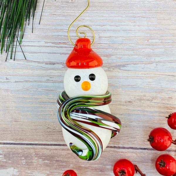 Glass Snowman Ornament, Christmas Ornament, Handmade Ornament, Handblown Glass Ornament, Blown Glass, Decoration, Holiday Ornament