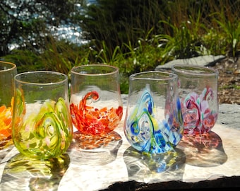 Glasses - Set of 6 "Twisty Cups",  Wine Glasses, Handblown Glass, Handmade Glass, Colourful Fun Tumblers, Stemless Glasses, Dishwasher Safe