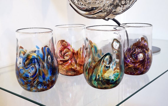 Glasses Set of 6 twisty Cups, Wine Glasses, Handblown Glass