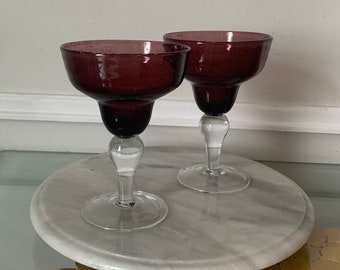 Retro Set of Aubergine Purple Bubble Glass Margarita Glasses