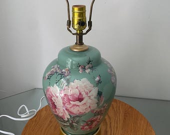 Vintage Medium Sage Green Ginger Jar Table Lamp with Floral Detail No Shade