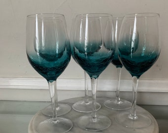 Retro Set of 6 Light Blue Flared Etched Wine Glasses with Clear Stem 10 oz