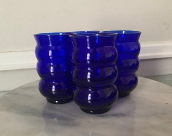 Set of 4 Short Cobalt Blue Beehive Juice Glasses