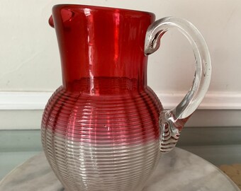 Vintage  Cranberry Glass Water Pitcher with Clear Horizontal Ribs