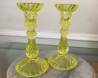 Pair of Antique Yellow Glass Swirl Candle Sticks