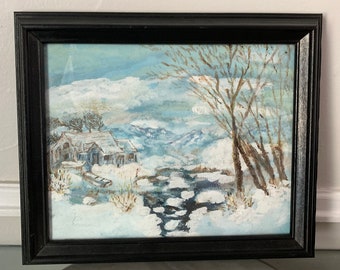 Small Rectangle Blue Tone Winter Scene in Black Wood Frame