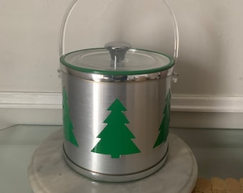 Retro Silver Ice Bucket with Green Evergreen Trees