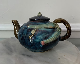 Small Blue Vintage Hand Painted Pottery Teapot