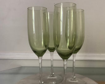 Vintage Set of 4 Olive Green Glass Bowl Champagne Flutes with Clear Stems