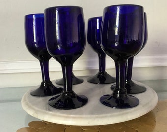 Set of 6 Retro Blown Glass Cobalt Blue Wine Glasses