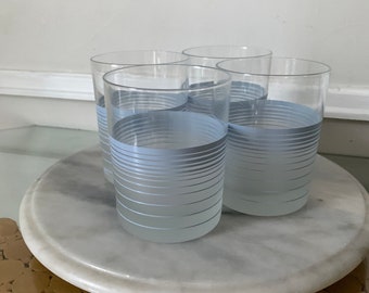 Set of 4 Retro Frosted Cera Low Ball Glasses with Baby Blue Stripes