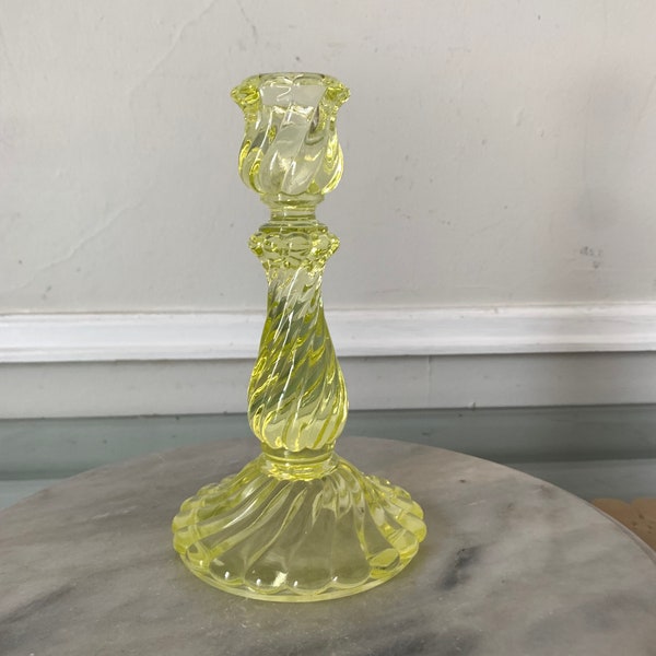 Antique Signed Baccarat Yellow Vaseline Pressed Glass Swirl Pattern Candle Stick