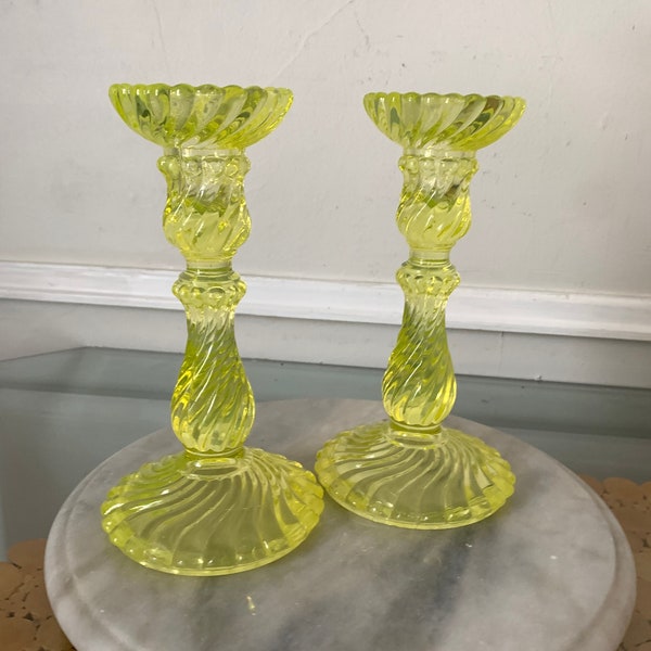 Pair of Antique Yellow Glass Swirl Candle Sticks