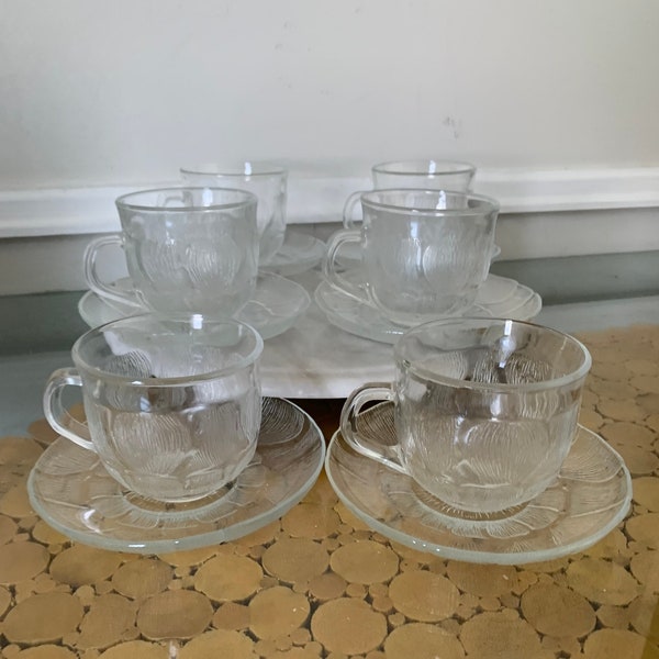 Set of 6 Vintage Arcoroc Clear Glass Canterbury Tea Cups & Saucers Made in France