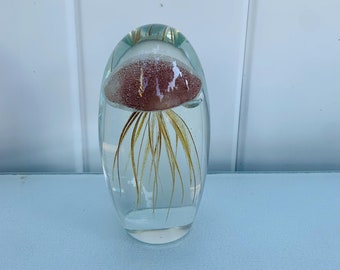 Retro Clear Glass  Deep Red Jellyfish Paper Weight
