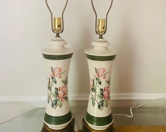 Pair of Vintage Cream  Ceramic Lamps with Flowers and Brass Base No Shades