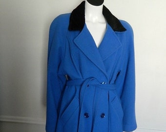 Retro Periwinkle Pure Short Double Breasted Ladies Wool Belted Coat Size Medium