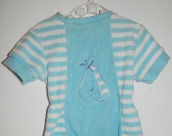 Retro 1970s Blue and White Terrycloth Infant Short Sleeve Pear Jumper Size 0 - 3 months