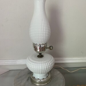 Vintage Hobnail Milk Glass Hurricane Lantern Table Lamp