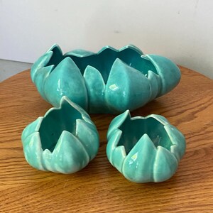 Juego de 3 macetas de cerámica vintage Colloma color verde azulado, fabricadas en Canadá (201 y 400).