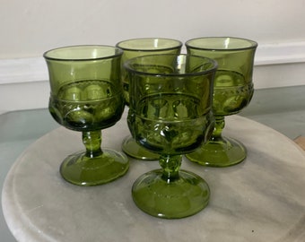 Set of 4 MCM Avocado Green Tiffin Glass Kings Crown Thumbprint Glasses