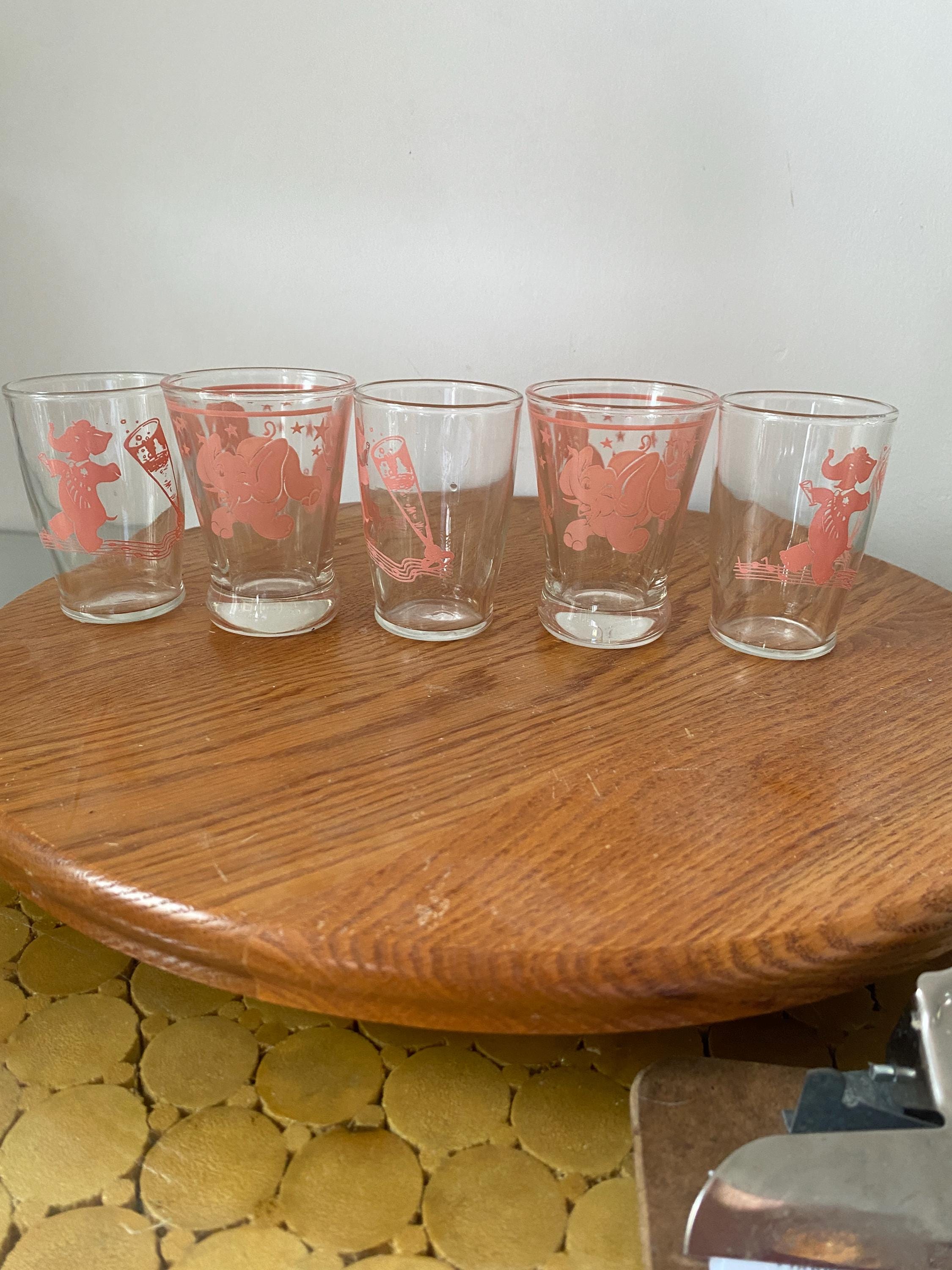 Set of 5 Vintage Pink Elephant Glasses 2 Hazel Atlas Pink Dancing