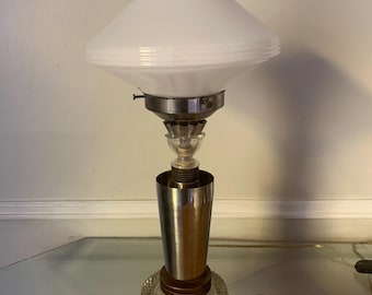 Tall Chrome Metal and Glass Table Lamp with Glass Shade