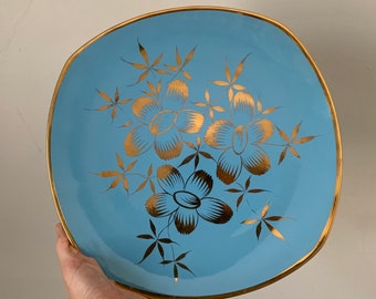 Medium Vintage Robin's Egg Blue Ceramic Plate with Gold Flowers Made in Italy