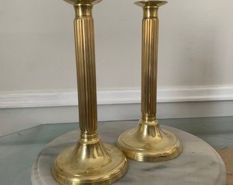 Pair of Retro Brass Column Candle Holders