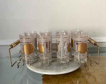 MCM Set of 8 Gold & White Tumblers in Caddy