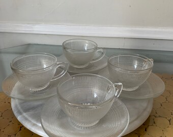 Set of 4 Vintage Anchor Hocking Unmarked Jane Ray Teacup & Saucer - 3 Available