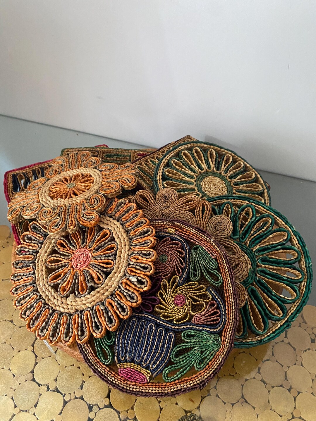 Set of 7 Colourful Raffia Rattan Woven Trivets Hot Pads - Etsy